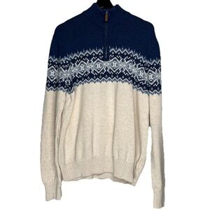 St Johns Bay Mens Medium Quarter Zip Fair Isle Sweater Navy Blue Cream Nordic